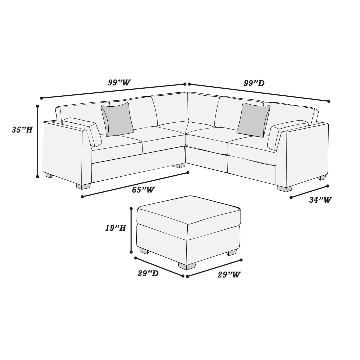 Contemporary L - Sectional Sofa Set With Ottoman And Pillows