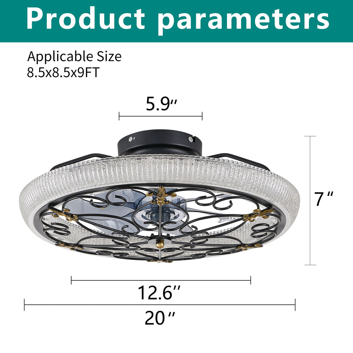 20" Caged Ceiling Fan With Remote Control And Crystal Sand Lampshade - Matte Black