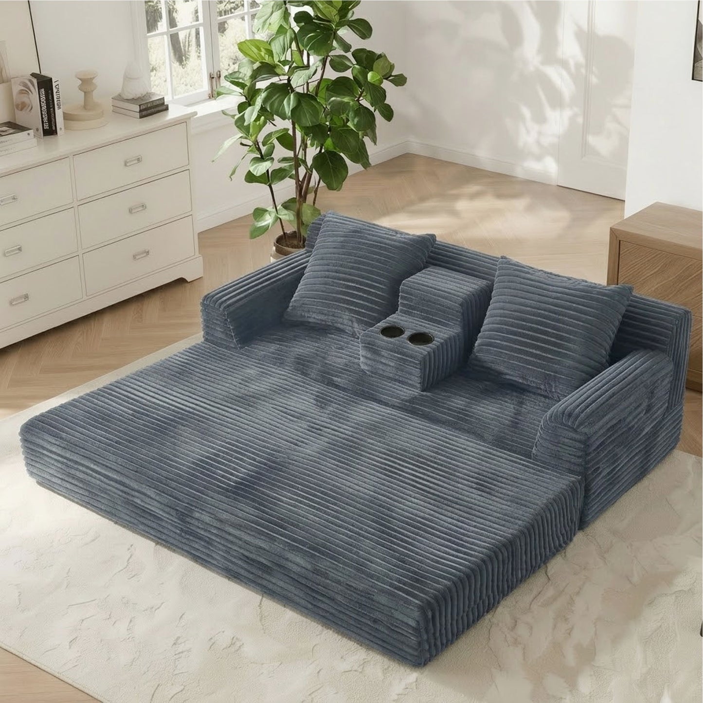 Soft Striped Convertible Sofa Bed, Dual Use Lounge Couch With Cup Holders And Pillows