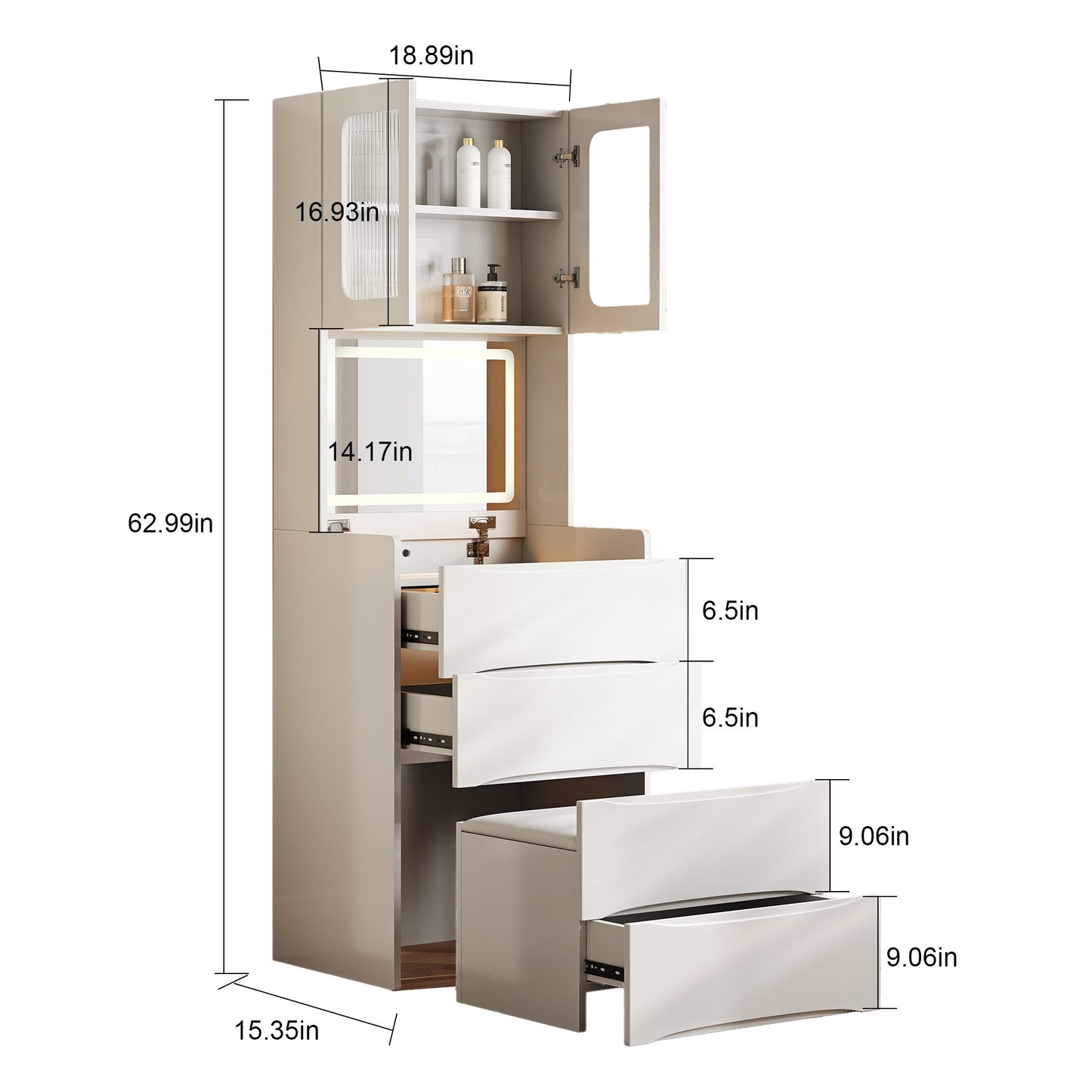 3 In 1 Vanity Table With LED Mirror & Storage Stool For Bedroom