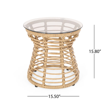 San Pedro - Boho Style Side Table With Tempered Glass Top - Light Brown Rattan