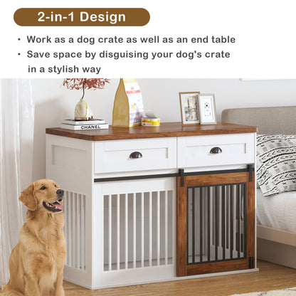 Heavy Duty Furniture Style Dog Cage Wooden Dog Cage Double Door Dog Cage Side Cabinet Dog Cage Dog Crate - Walnut / White