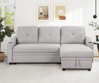 Pull Out Sofa Bed Modern Padded Upholstered Sofa Bed, Linen Fabric 3 Seater Couch With Storage Chaise And Cup Holder, Small Couch For Small Spaces