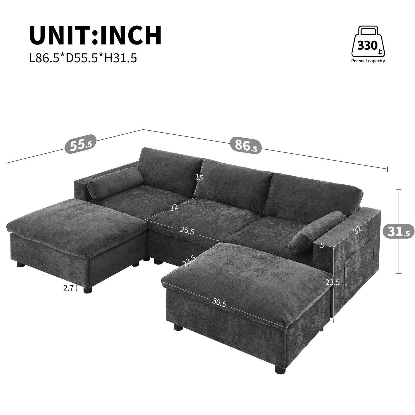 Modular Sectional With Storage Pockets, 5 Seat U Shaped Couch Set With Pillows, Free Combination Modern Cloud Sofa With 2 Movable Ottoman