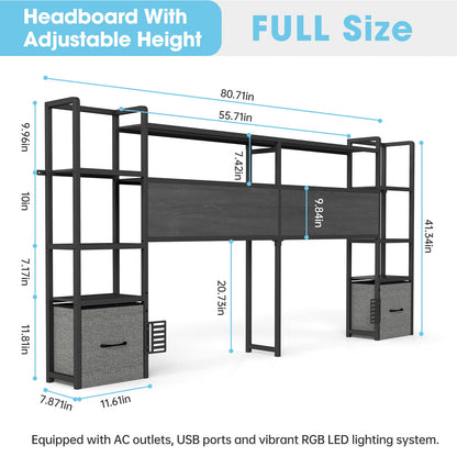 Headboard With 3 Shelves, 2 Drawers, Charging Station, RGB LED Lights
