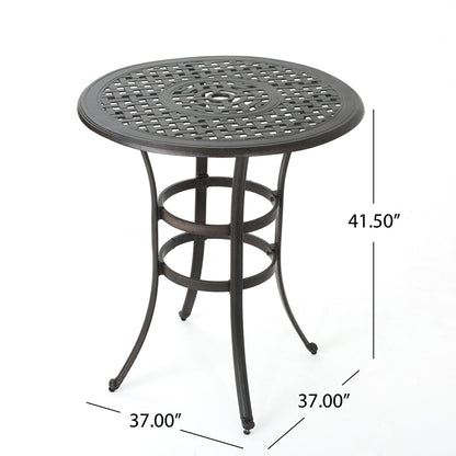 Traditional Style Cast Aluminum Bar Table With Lattice Design And Umbrella Holder - Bronze