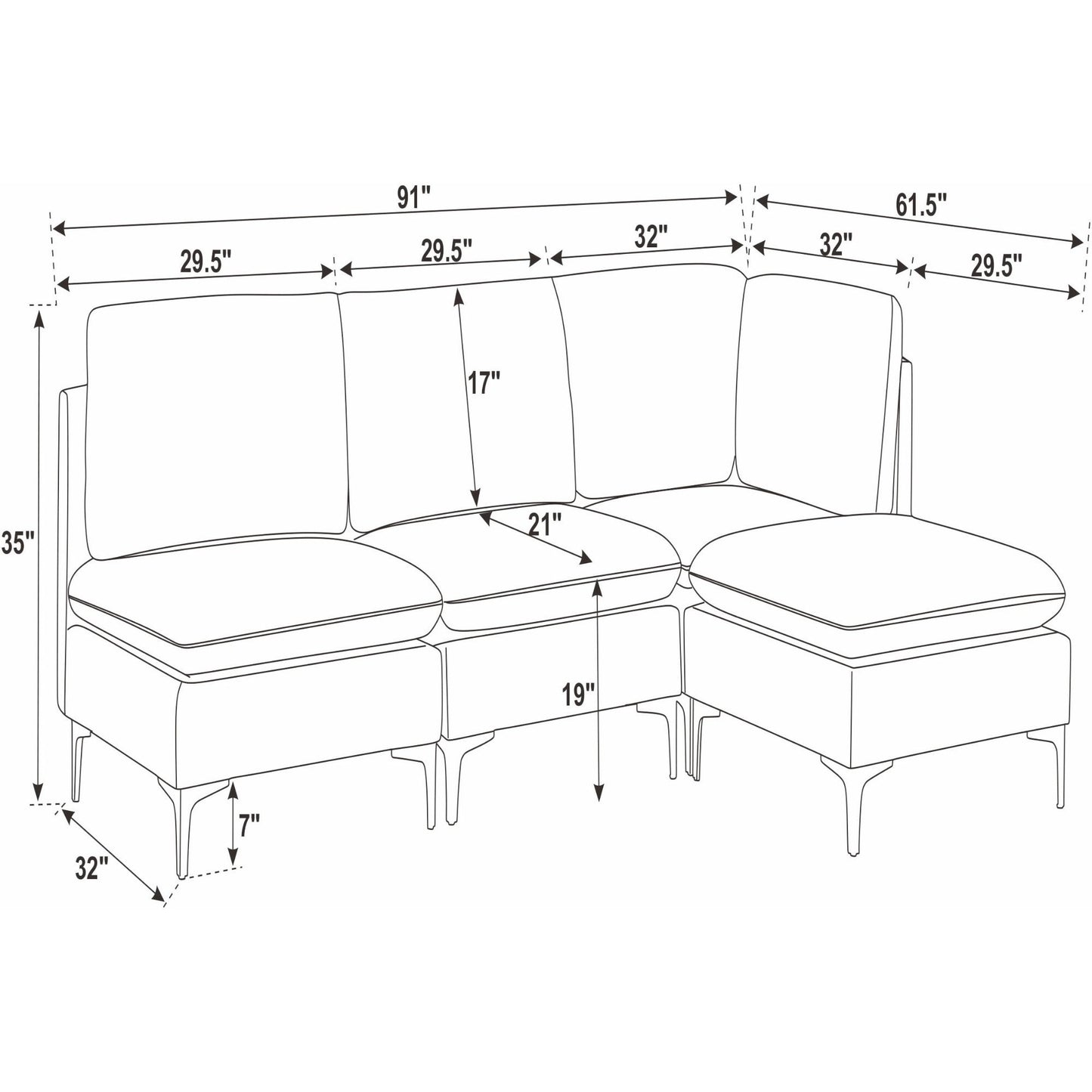 Upholstered Modular Sectional With Tall Legs, Medium Firm Seat