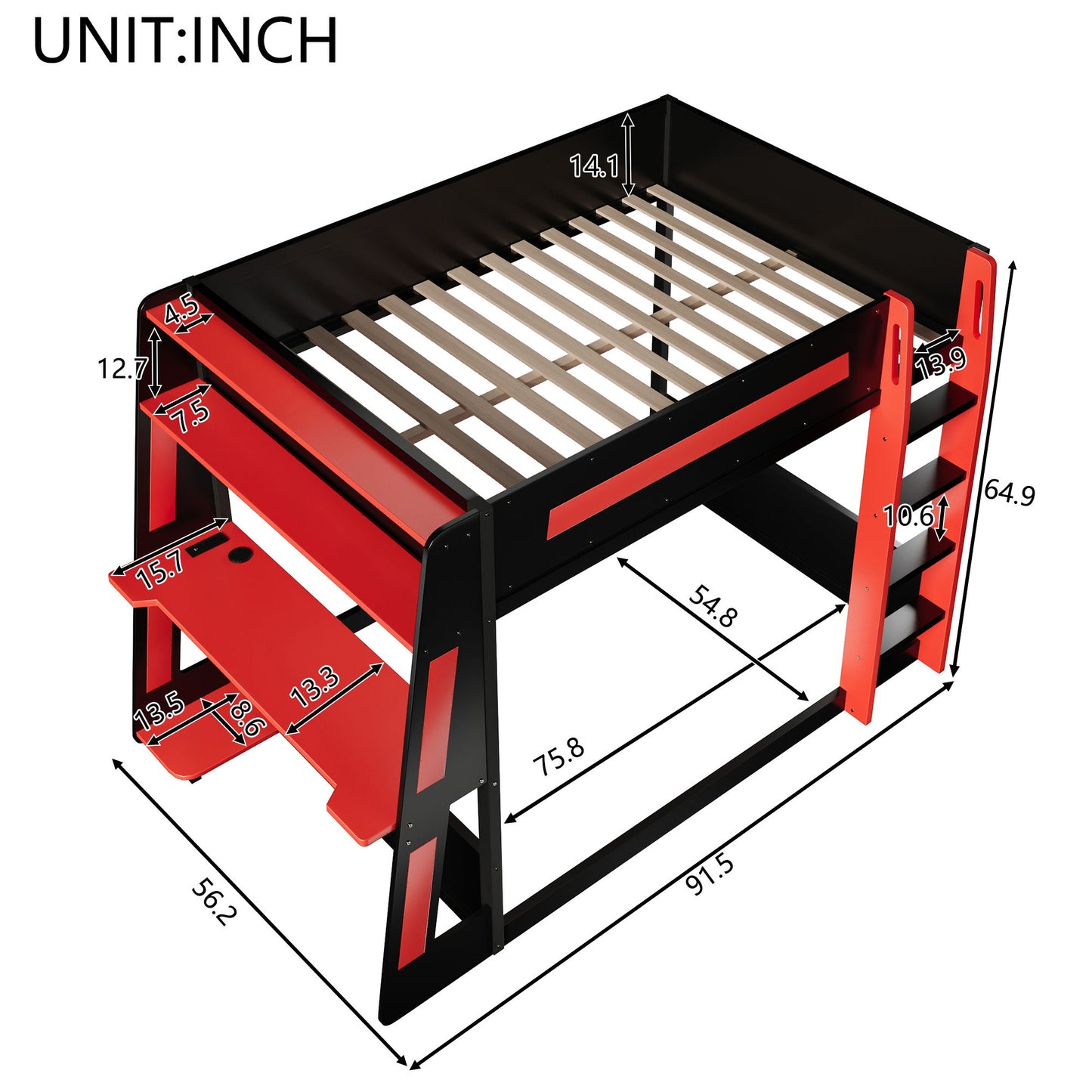 Gaming Bunk Bed With Desk, 2 Storage Shelves, USB And LED Light