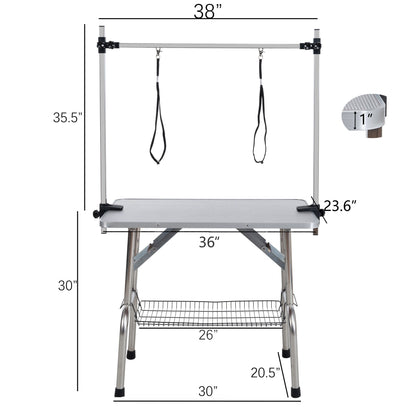 Folding Dog Pet Grooming Table Stainless Steel Frame Rubber Mat On Board With Adjustable Arm And Clamps Pet Dog Cat Grooming Table