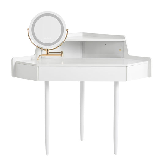 Modern Corner Makeup Vanity Desk With Large Storage, LED Mirror & Stool, Adjustable Brightness, Space Saving - White
