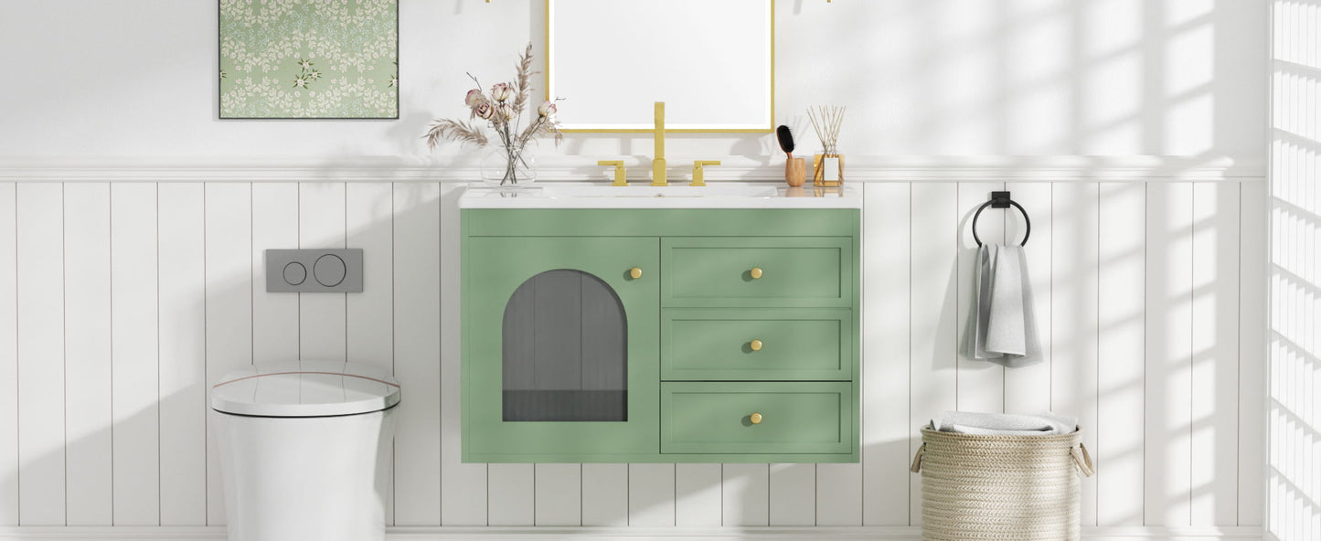 Elegant Floating Bathroom Vanity Sink And Cabinet Combo 1 Door And 2 Drawers - Green