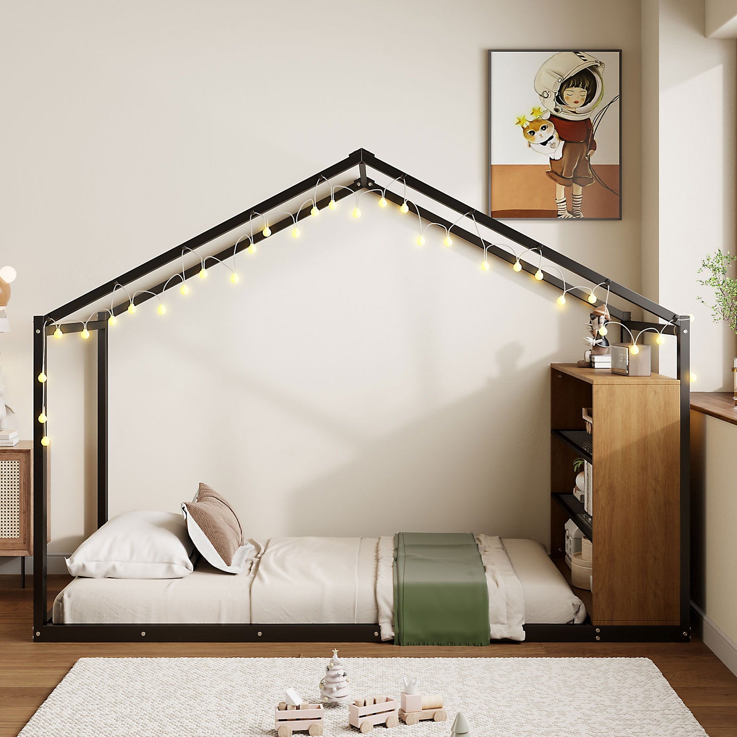 Bed House Frame With Shelves And Lights