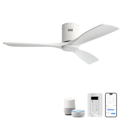 52" Flush Mount Ceiling Fan & Remote, No Light, 3 Blades, 6 Speed DC Motor For Indoor Patio - White