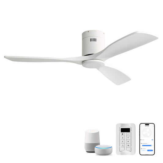 52" Flush Mount Ceiling Fan & Remote, No Light, 3 Blades, 6 Speed DC Motor For Indoor Patio - White