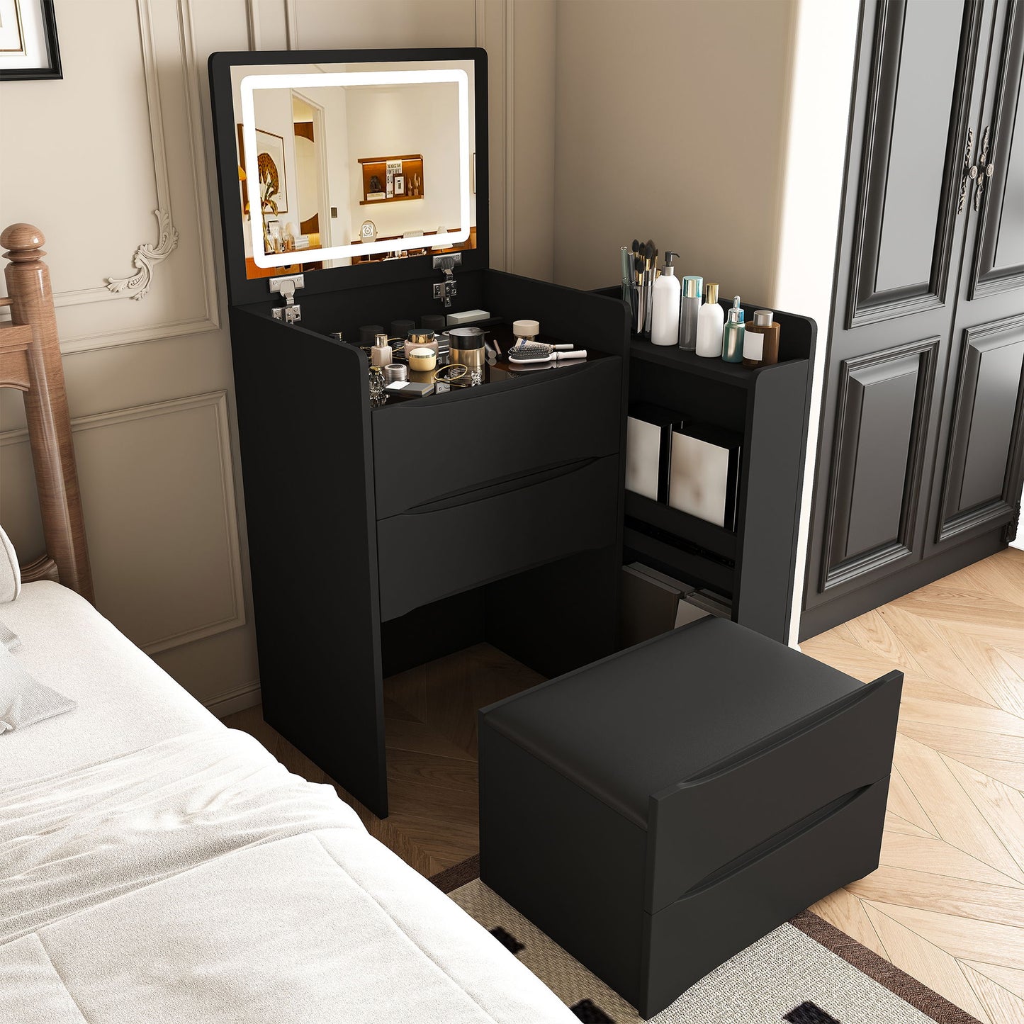 Flip Mirror Vanity Desk With Adjustable LED Lights & Stool For Bedroom