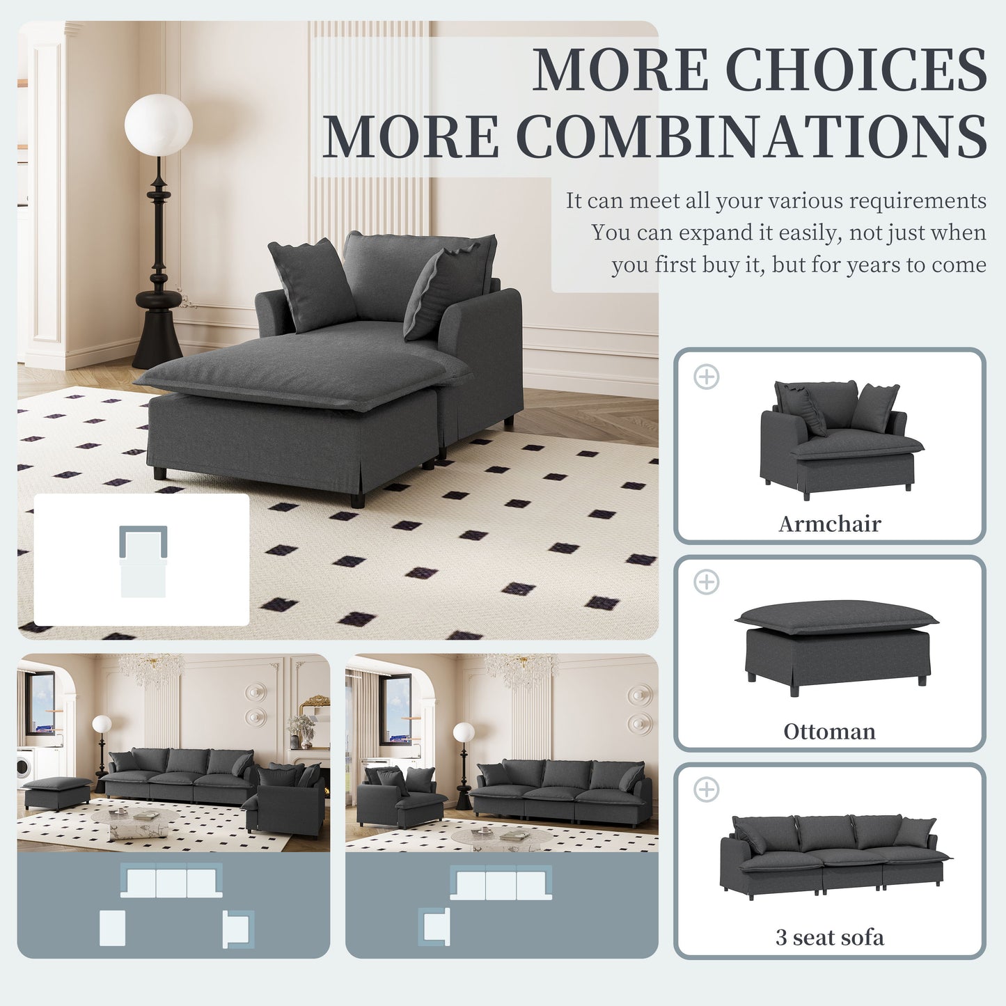 Oversized Chaise Lounge Indoor Single Sofa Bed With Wide Seat, Upholstered Lazy Sleeper Armchair With Movable Ottoman Reading Couch Set