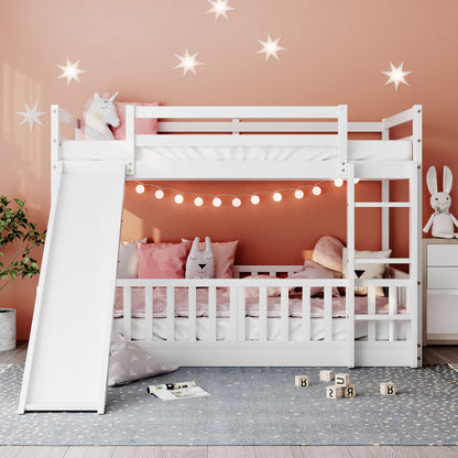 Twin Over Twin Bunk Bed With Slide And Ladder - White