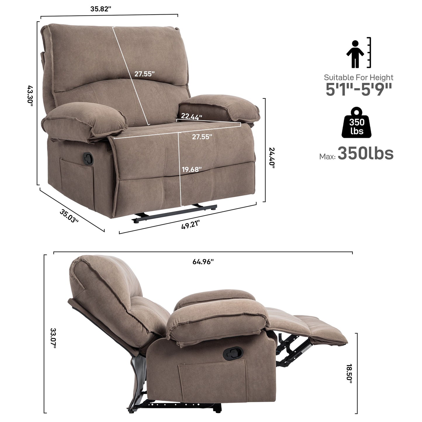 Oversized Manual Recliner Chair Sofa For Living Room