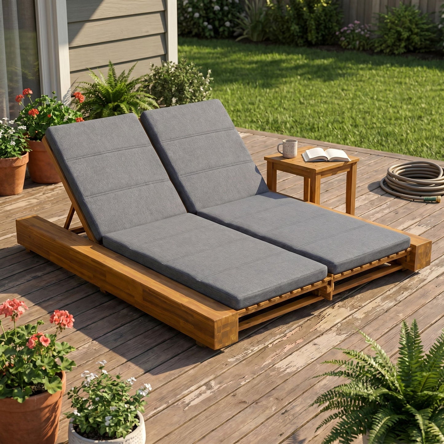 Outdoor Chaise Lounge With Cushions, Adjustable Backrest