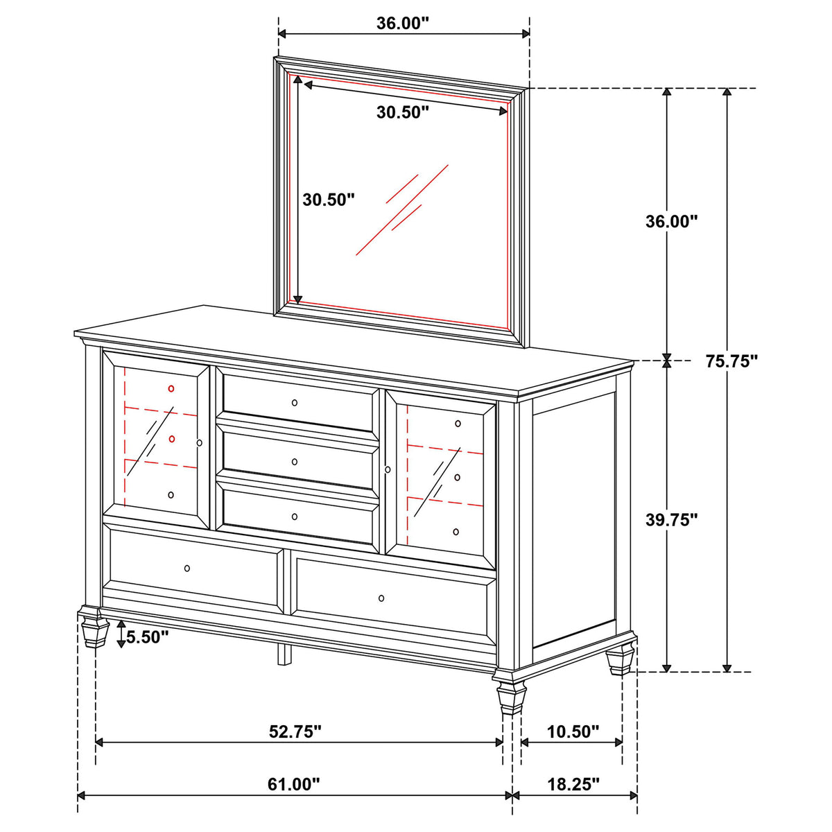 Dennis - 11 Drawer Dresser With Mirror - Cream White