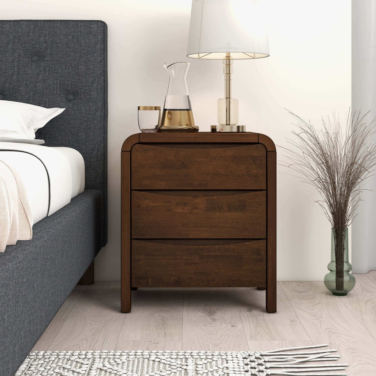 Lionel - Mid-Century Modern Nightstand 3 Drawer Bed Side Table - Brown