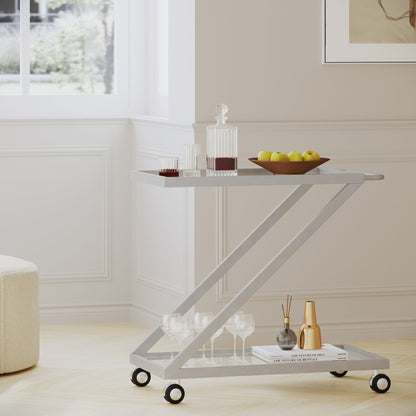 Modern Z Shaped Bar Cart With Tempered Glass Shelves - Silver
