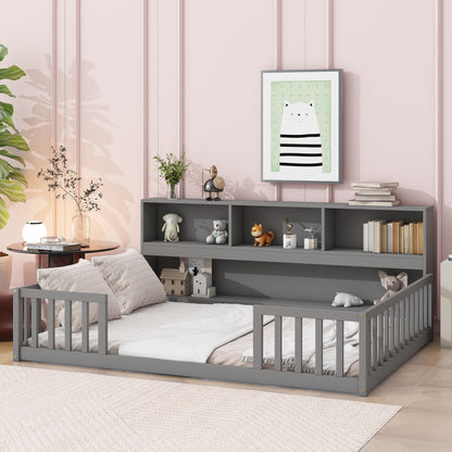 Floor Bed With Side Bookcase, Shelves, Guardrails