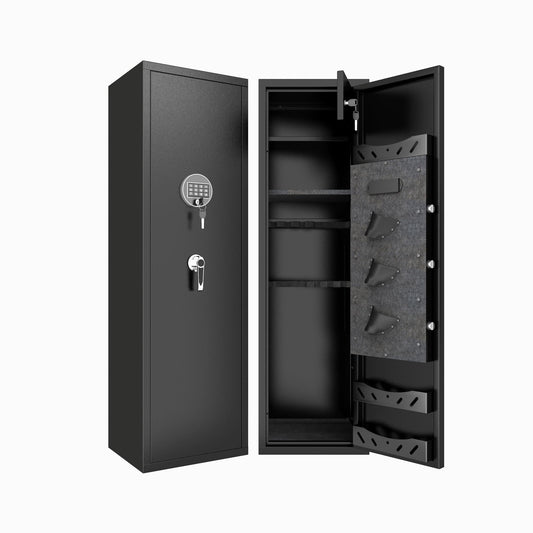High Large Capacity Mechanical Gun Safe For Rifles & Handguns, Digital Password Lock, Built In Independent Lock Box, Adjustable Shelves - Black