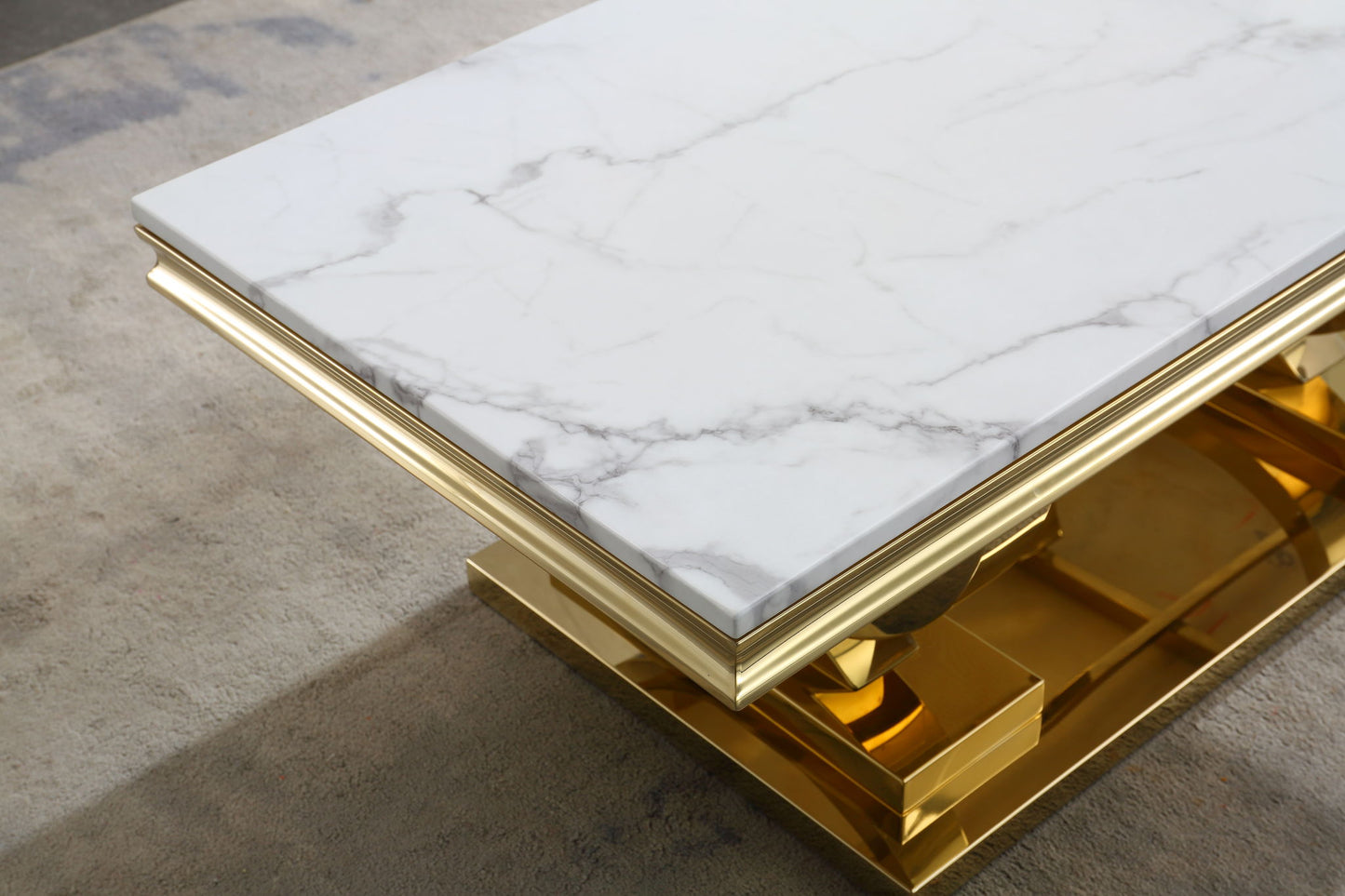 Printed Marble Top Coffee Table, Mirror Finish Stainless Steel Base
