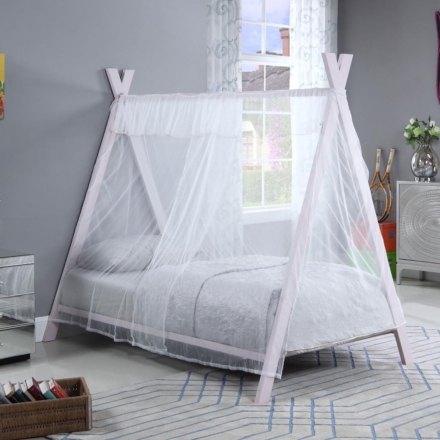 Twin Tent Bed With Whimsical Frame And Adjustable Support - Pink