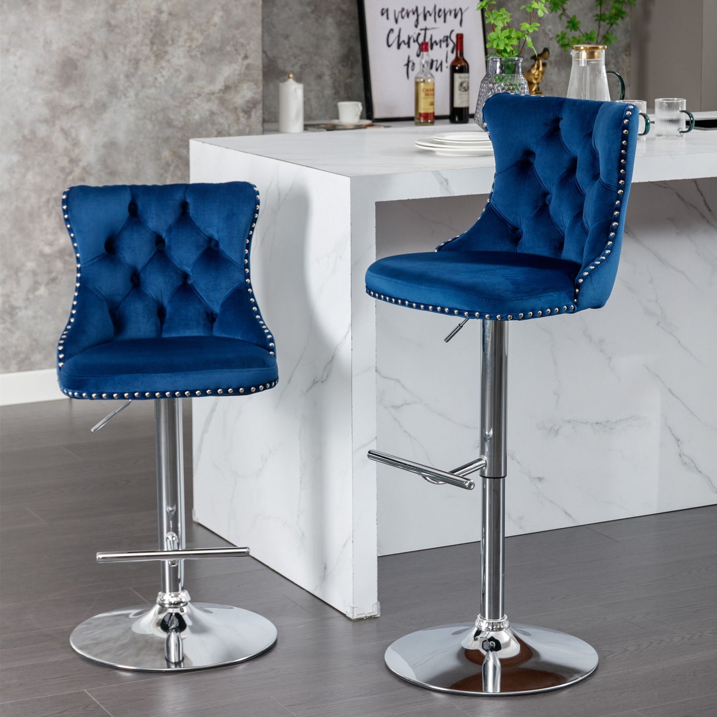 Swivel Velvet Barstools Adjusatble Seat Height From 25-33", Modern Upholstered Chrome Base Bar Stools With Backs Comfortable Tufted For Home Pub And Kitchen Island (Set of 2)