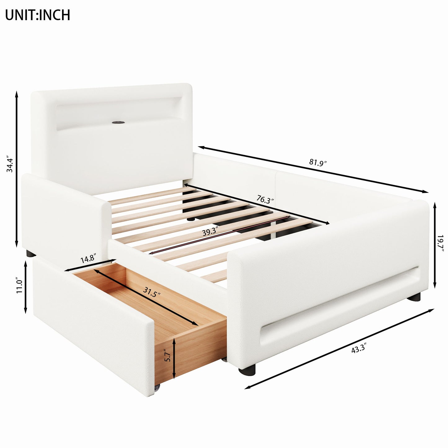 Upholstered Platform Bed With Drawer, LED Light Strip, USB Port