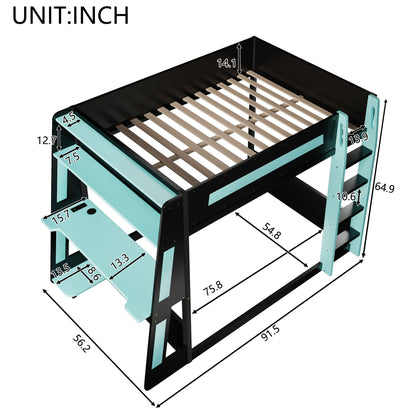 Gaming Bunk Bed With Desk, 2 Storage Shelves, USB And LED Light