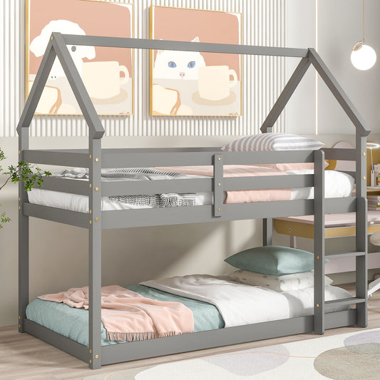 Twin Over Twin Loft Bed With Roof Design, Safety Guardrail, Ladder