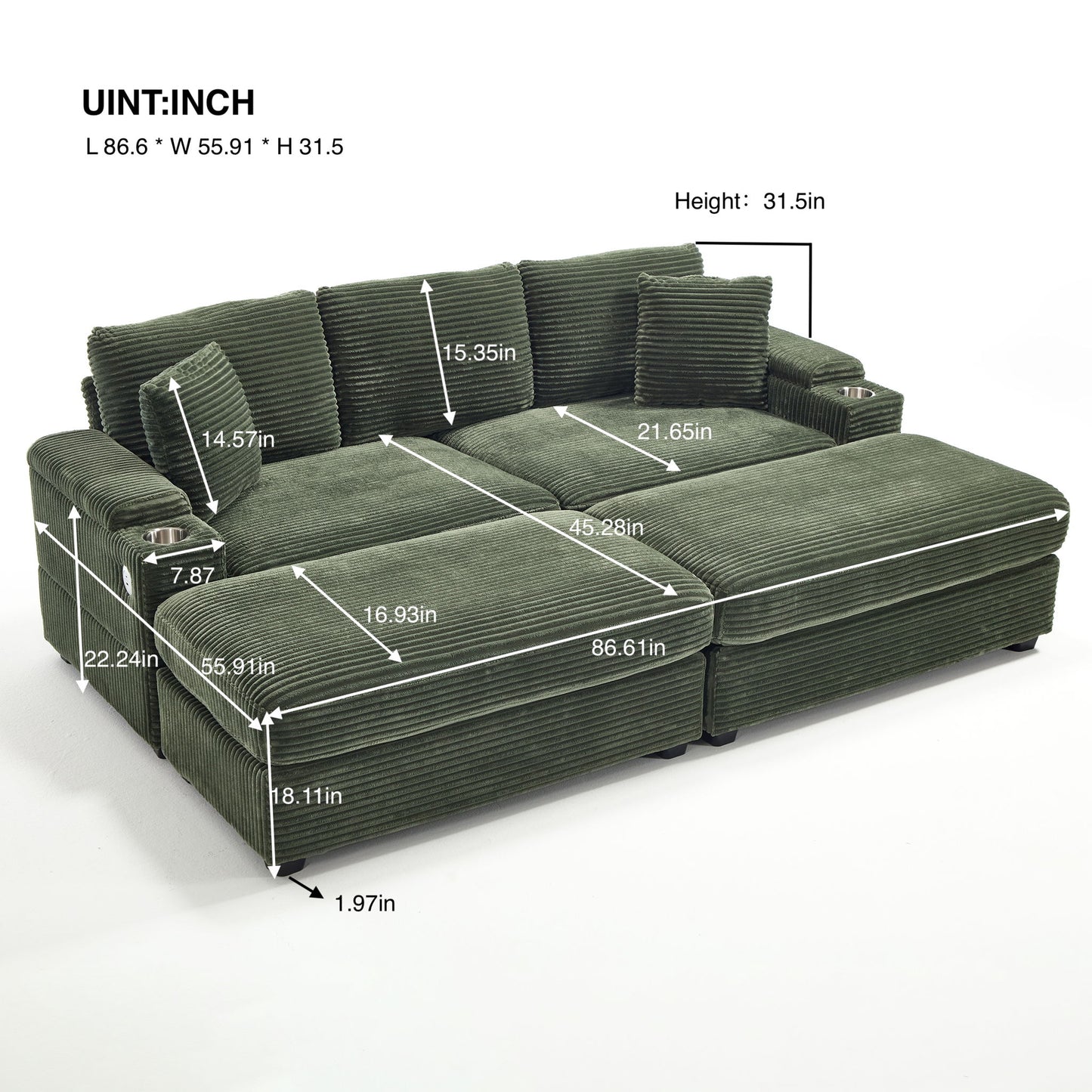 Convertible Sectional Sofa Bed Set With Armrest Storage, Cup Holder, USB, 4 Seater - Green