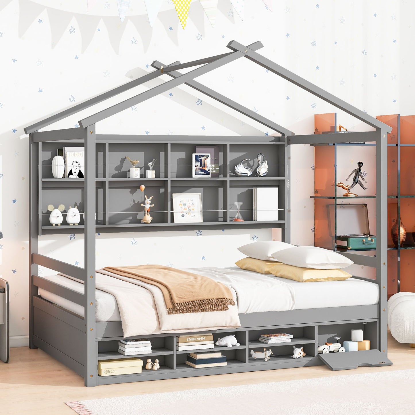 House Bed With Roof Frame, Bedside-Shelves, Under Bed Storage Unit