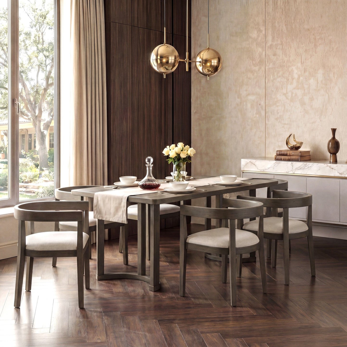 Rectangular Dining Table Set For 6 With Upholstered Barrel Back Chairs