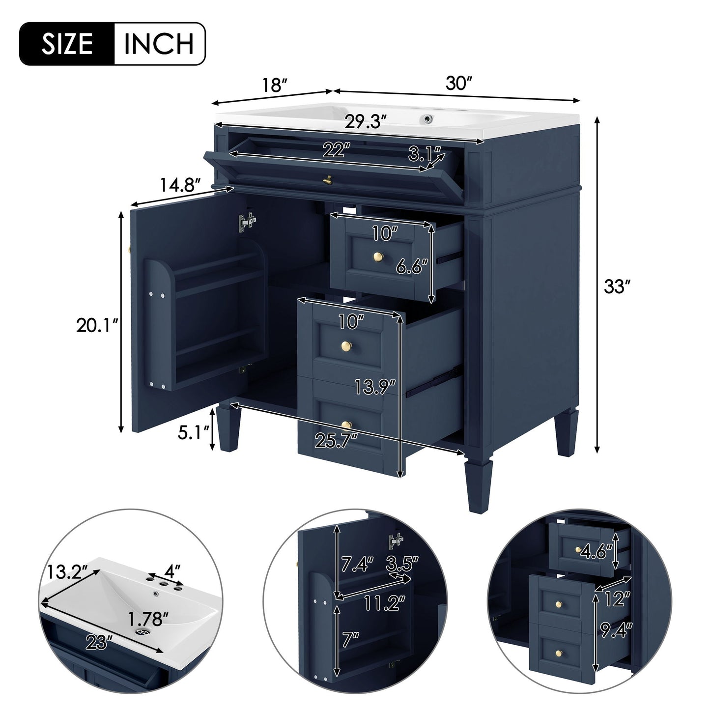 Bathroom Vanity With Top Sink, 2 Drawers And Tip Out Drawer, Rectangular Design