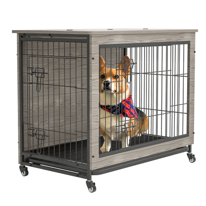 Dog Crate Furniture With Cushion, Wooden Dog Crate Table, Double-Doors Dog Furniture, Dog Kennel Indoor For Small Dog, Dog House, Dog Cage Small