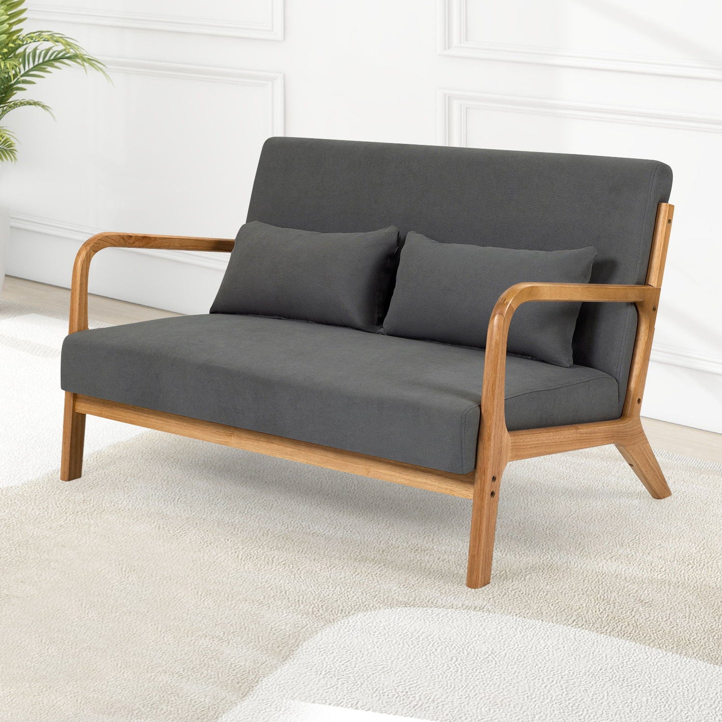 Leisure Chair With Solid Wood Armrest And Feet, Mid-Century Modern Accent Sofa, 2 Seat