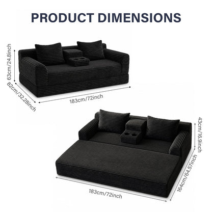 Soft Striped Convertible Sofa Bed, Dual Use Lounge Couch With Cup Holders And Pillows