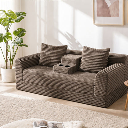 Soft Striped Convertible Sofa Bed, Dual Use Lounge Couch With Cup Holders And Pillows