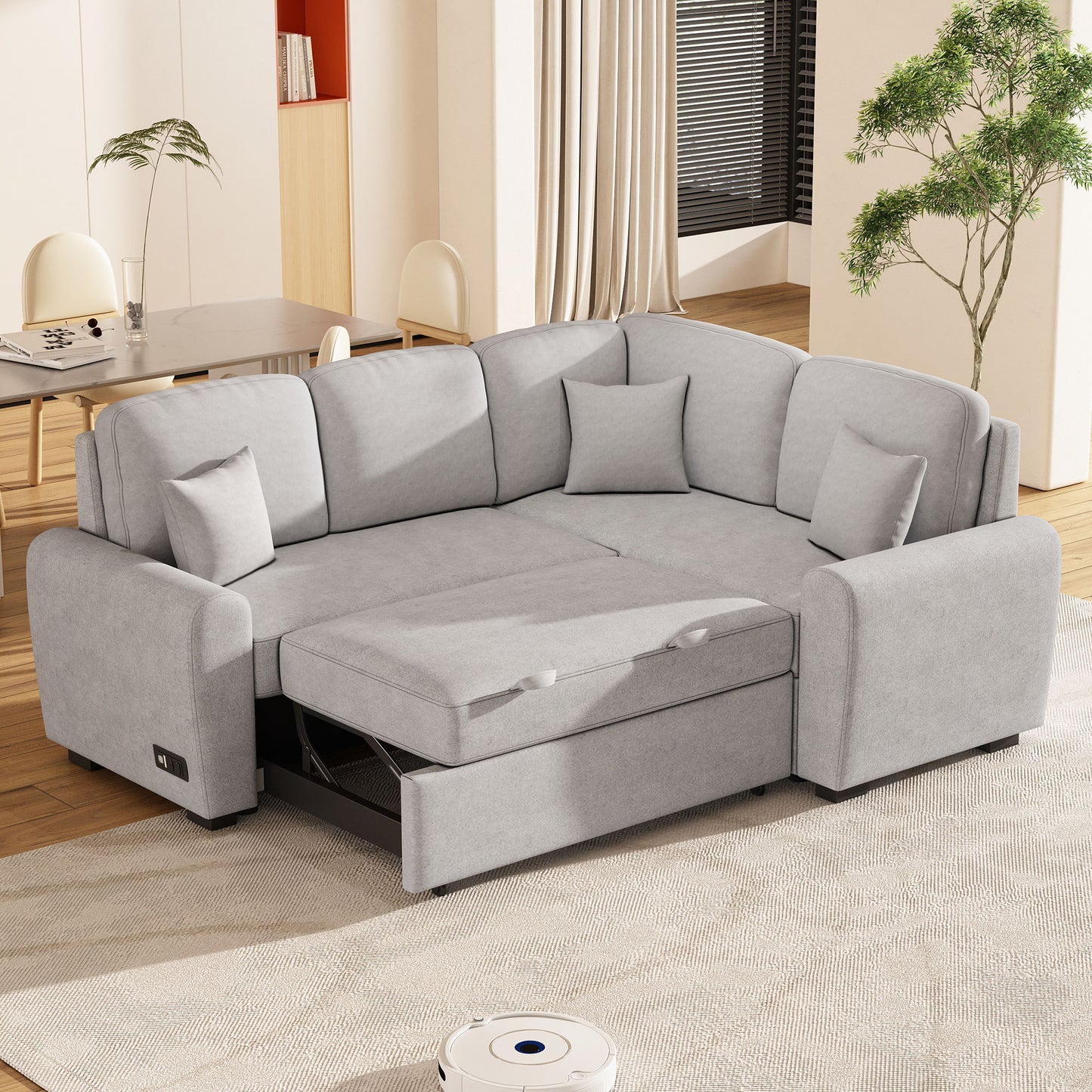 Sectional Sleeper Sofa With USB Charging Port And Plug Outlet, Pull-Out Sofa Bed With 3 Pillows, L-Shape Chaise For Living Room Small Apartment