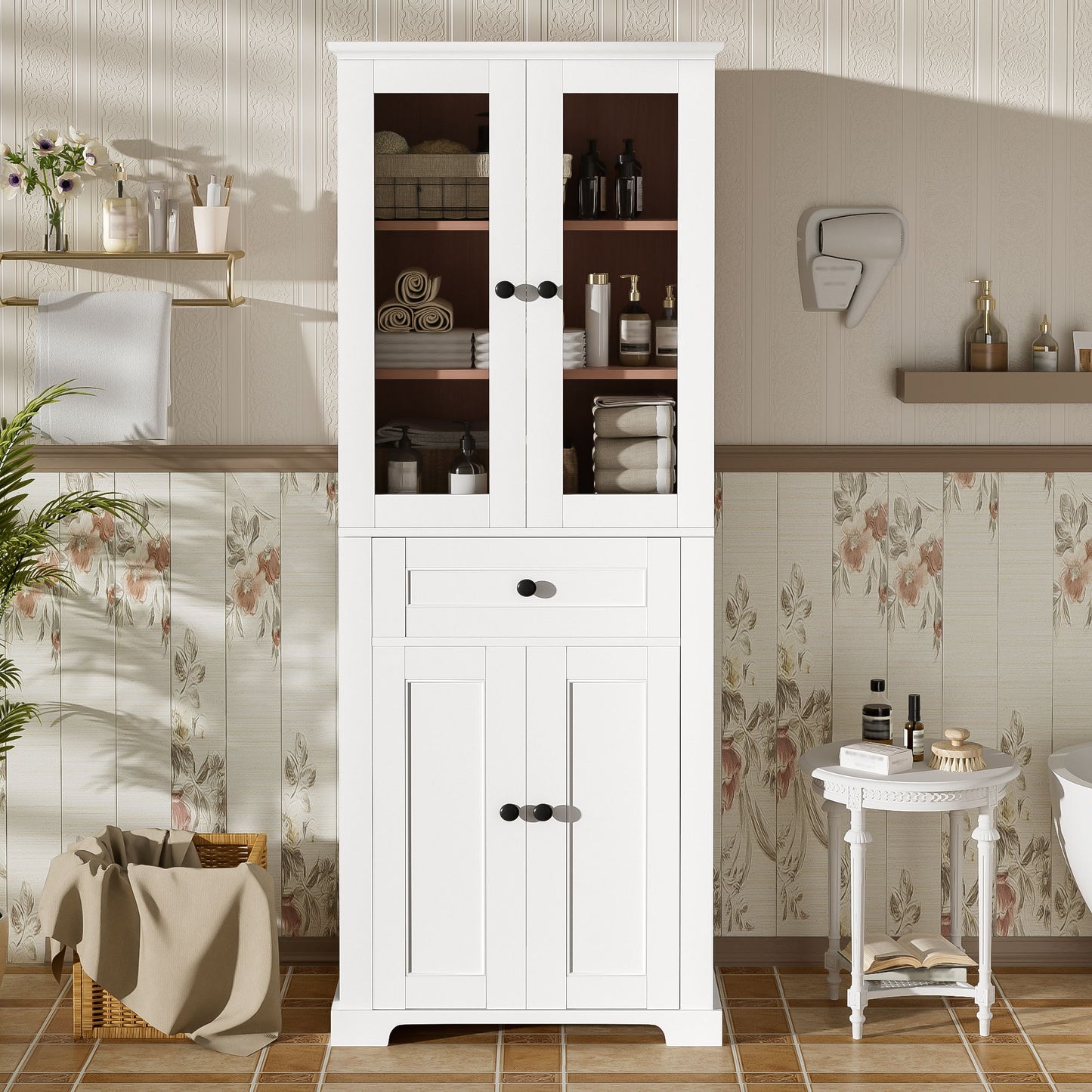 Bathroom Storage Cabinet, Adjustable Shelves & Drawer, Freestanding Tower