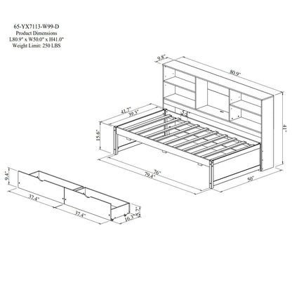 Bed Frame With Side Bookshelves, 2 Drawers, And Built In USB Port