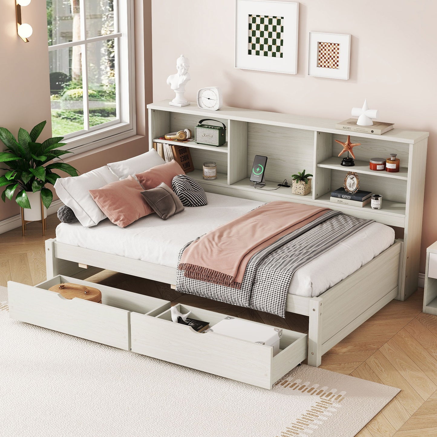 Bed Frame With Side Bookshelves, 2 Drawers, And Built In USB Port