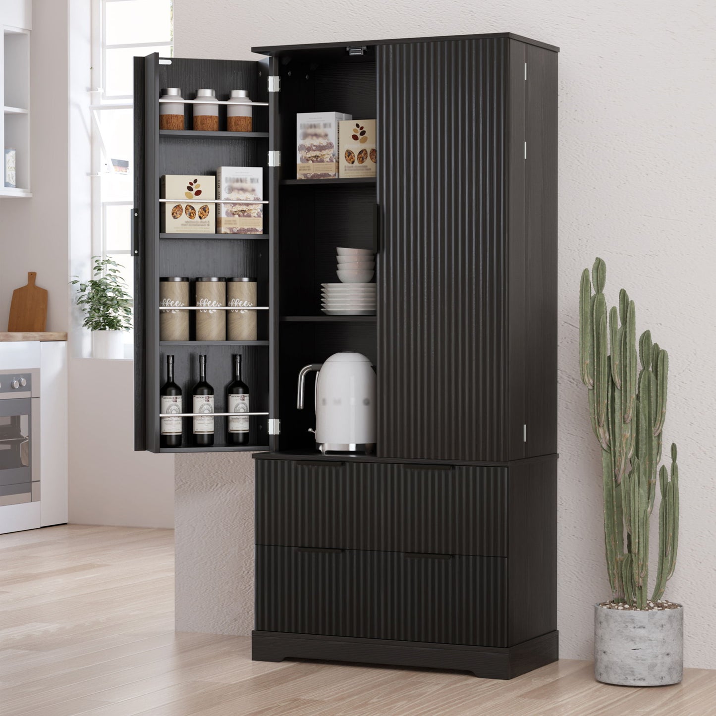 Fluted Kitchen Pantry Cabinet With 2 Large Drawers & 8 Door Spice Rack