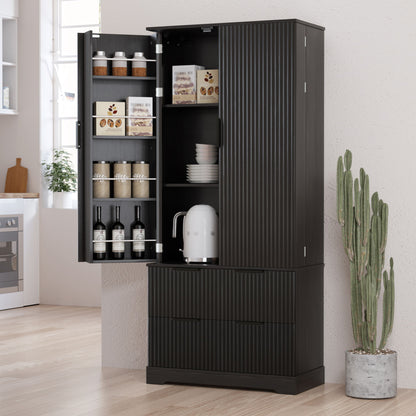 Fluted Kitchen Pantry Cabinet With 2 Large Drawers & 8 Door Spice Rack
