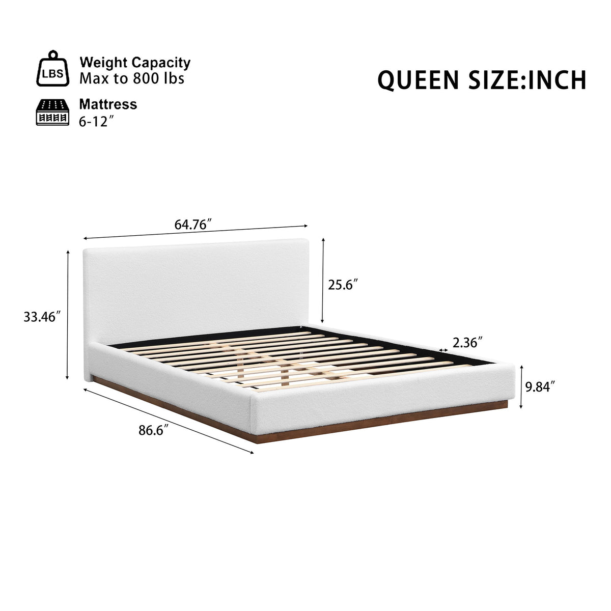 Queen Size Upholstered Bed With Solid Base Frame - White
