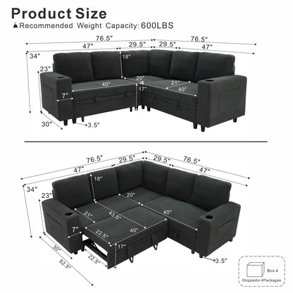 Upholstered L - Shape Sectional Sofa Bed With Pull Out Sleeper And Storage